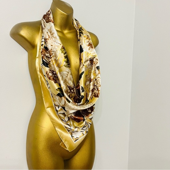 Elegant Floral Silk Scarf brown tan - Picture 3 of 4